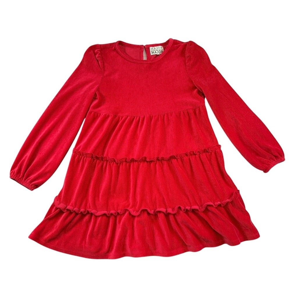 Major Label Group Kids Red Corduroy Tiered Long Sleeve Ruffle Dress S 6-7